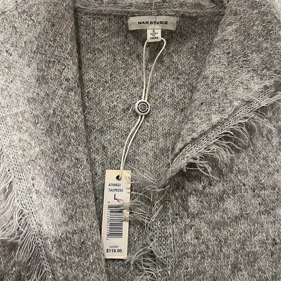 Max Studio Fringe Long Open Front Cardigan Knit Textured Patch Pockets Large - Picture 4 of 5